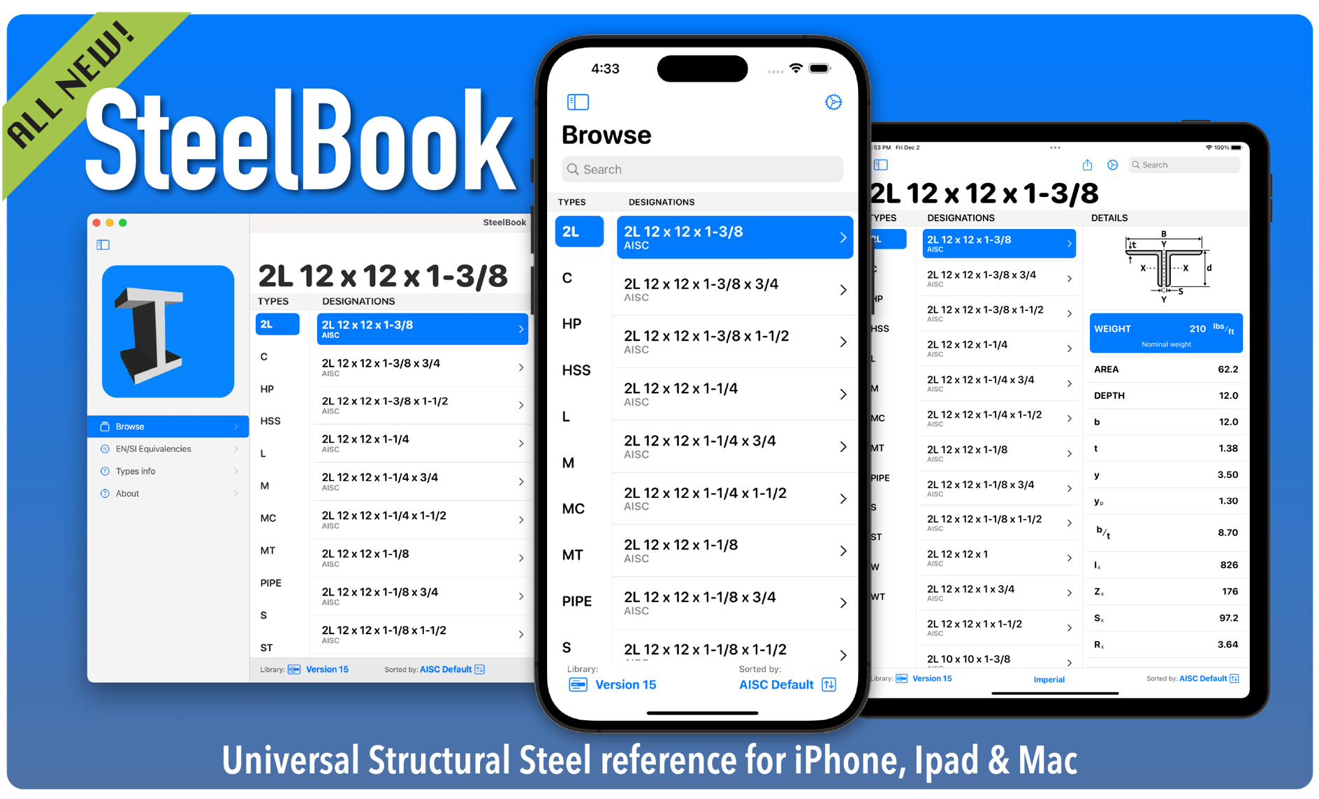The all new SteelBook app! Structural Steel Shapes app, iOS, mobile